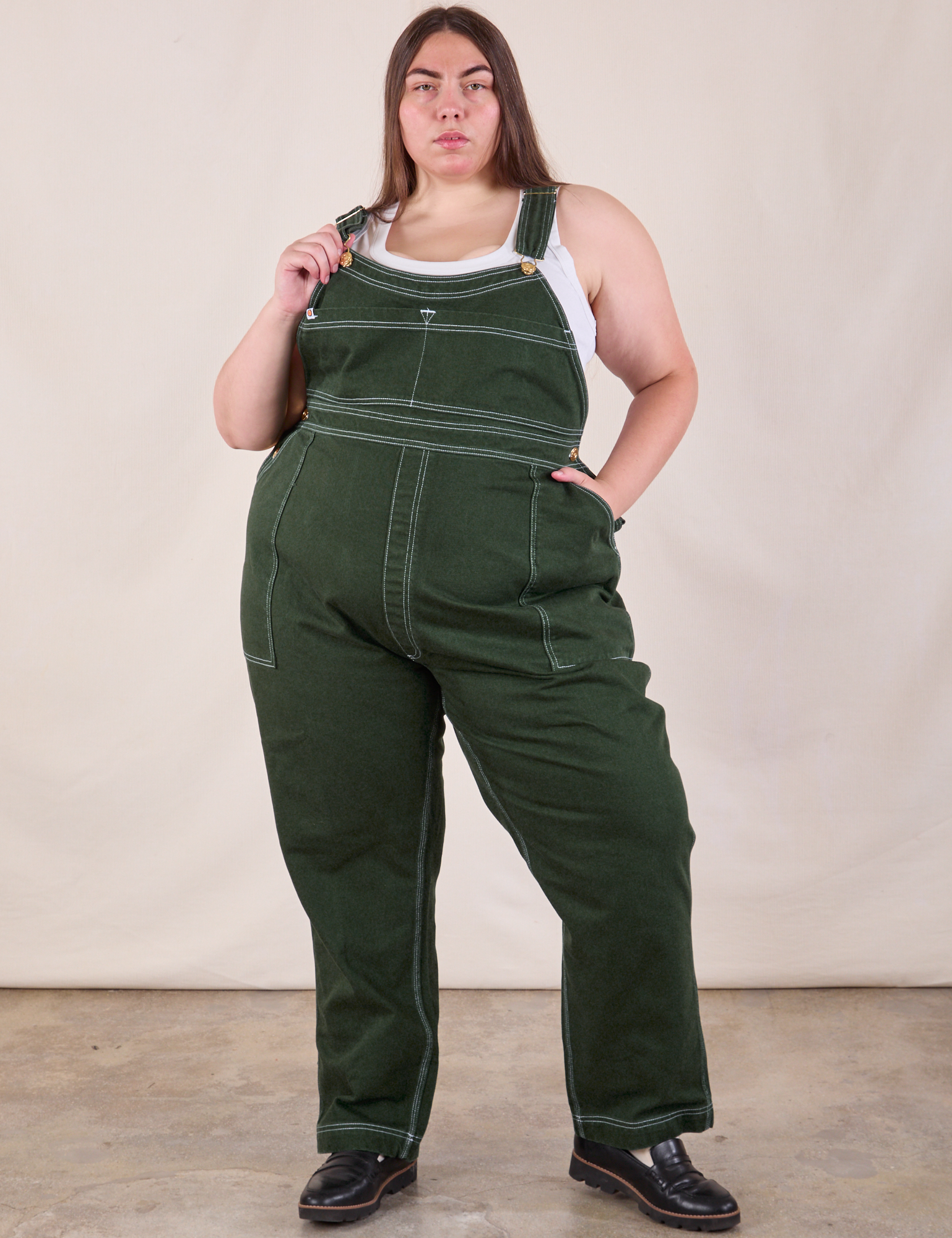 Marielena is 5&#39;8&quot; and wearing 2XL Original Overalls in Swamp Green