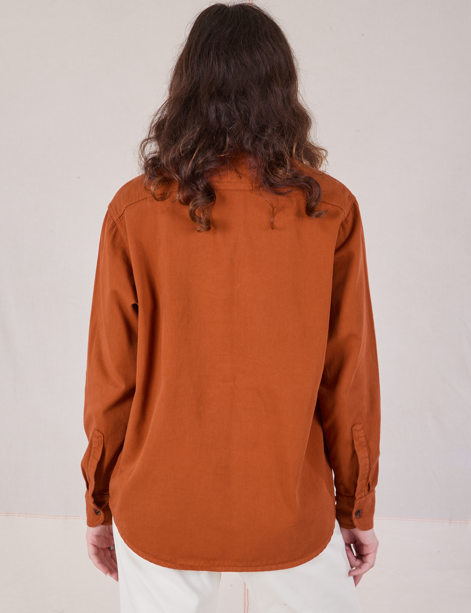 Twill Overshirt in Burnt Terracotta back view on Alex