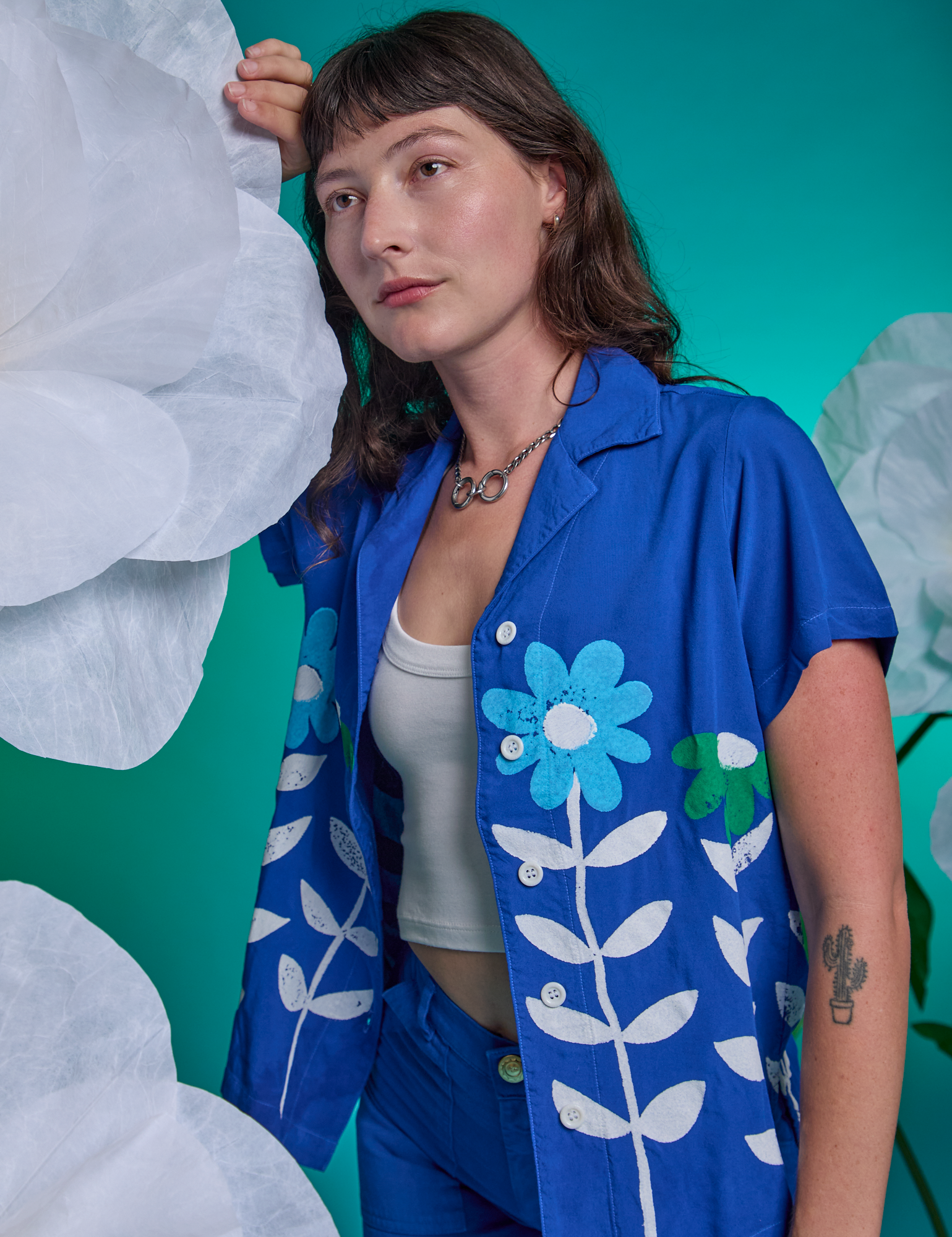 Close up front view of Paintstamped Pantry Button-Up in Daisy on Alex