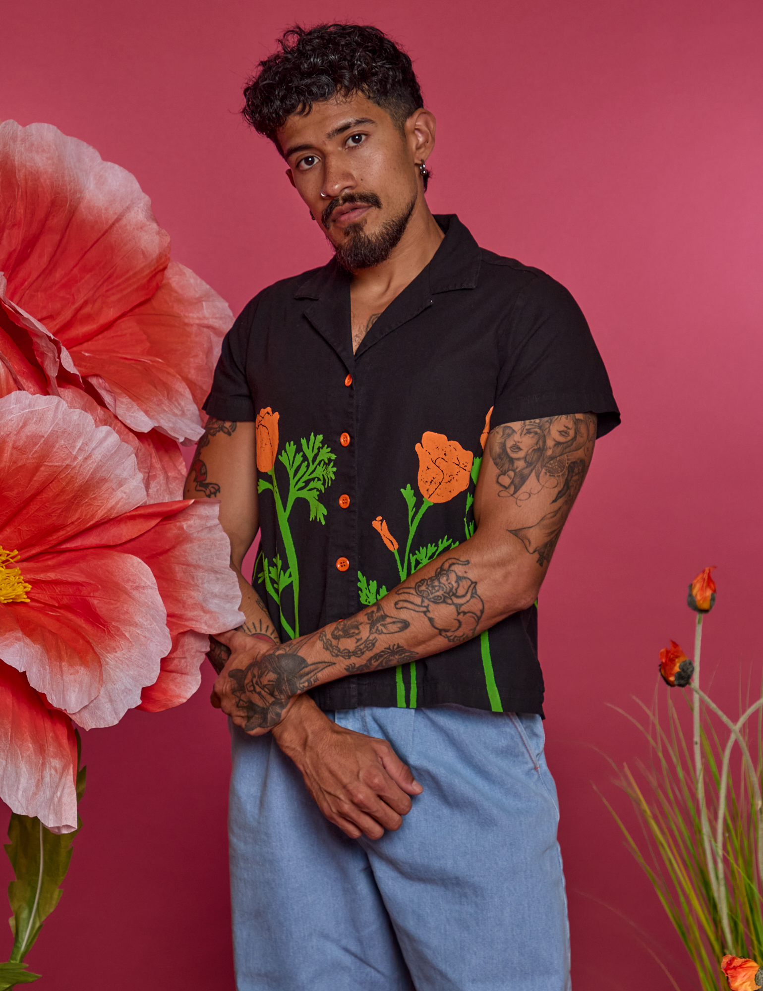 Paintstamped Pantry Button-Up in Poppy on Jesse