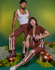 Alex is wearing Paintstamped Pantry Button-Up in Mushroom and matching Work Pants. Jesse is wearing Paintstamp Work Pants in Mushroom