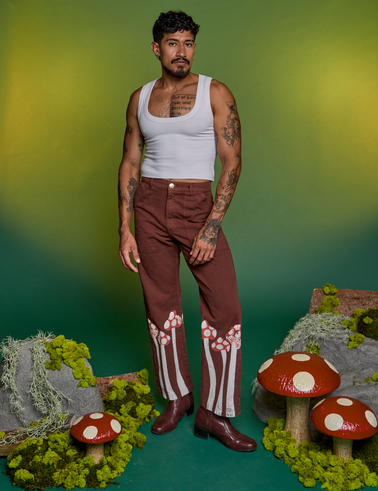 Jesse is 5&#39;8&quot; and wearing XS Paintstamped Work Pants in Mushroom paired with a Cropped Tank in Vintage Tee White