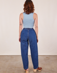 Back view of Cropped Tank Top in Periwinkle and dark wash Denim Trouser Jeans