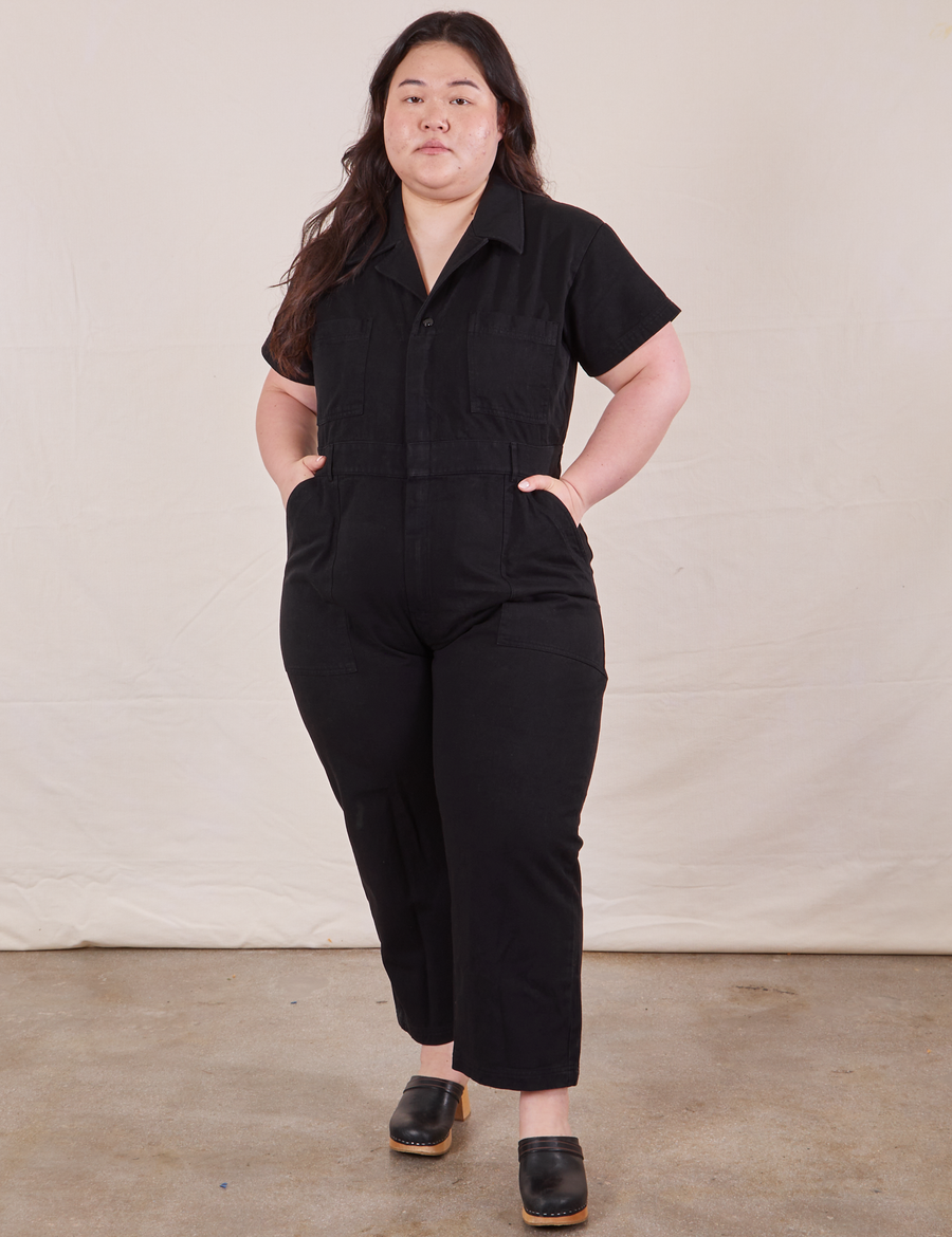 Petite Short Sleeve Jumpsuit in Basic Black on Ashley