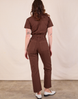 Short Sleeve Jumpsuit in Fudgesicle Brown back view on Alex