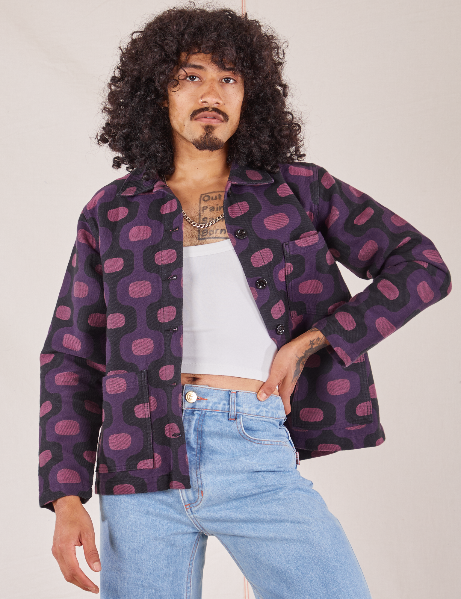 Jesse is 5&#39;8&quot; and wearing XS  Purple Tile Jacquard Work Jacket