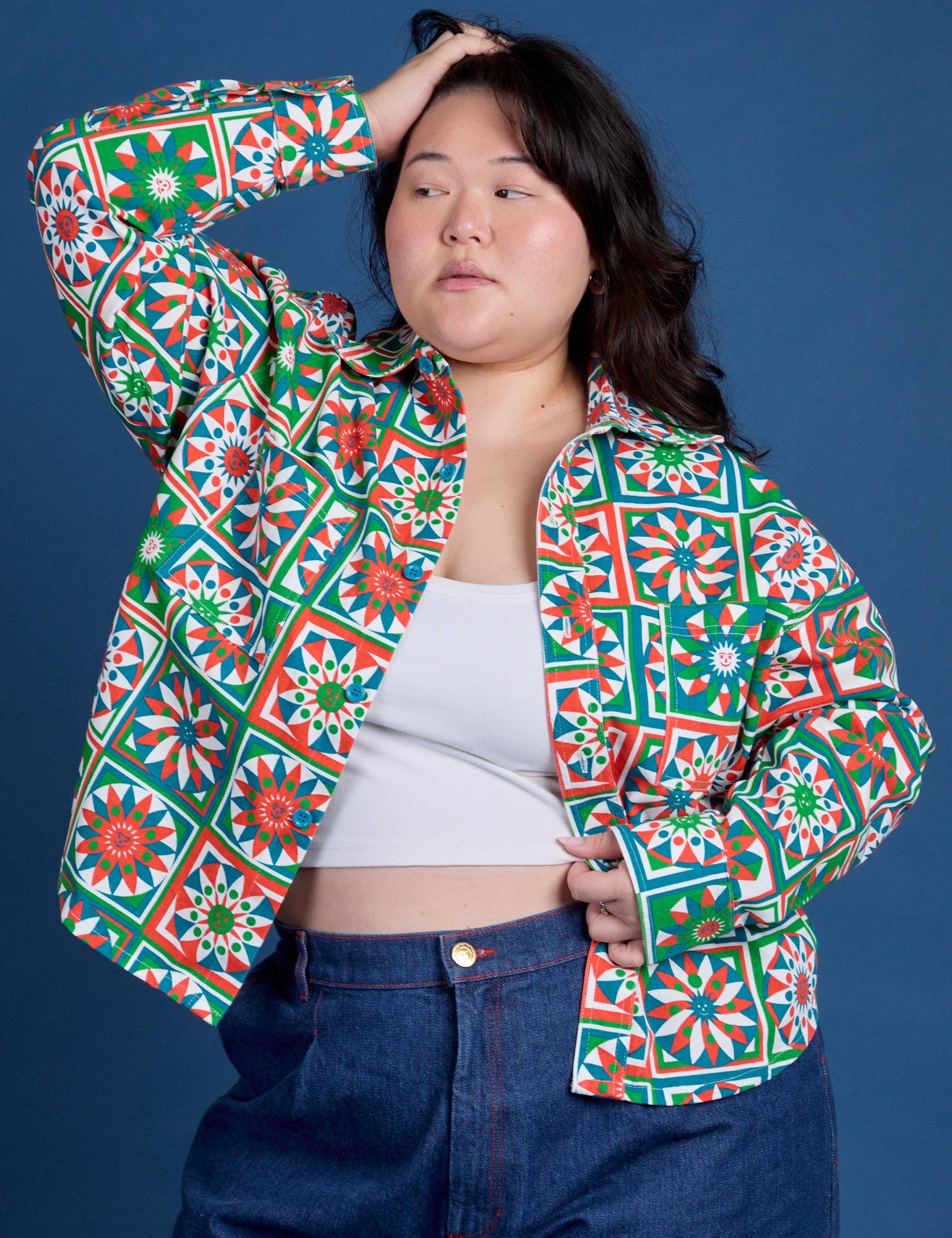 Cropped Overshirt in Quilt Print on Ashley