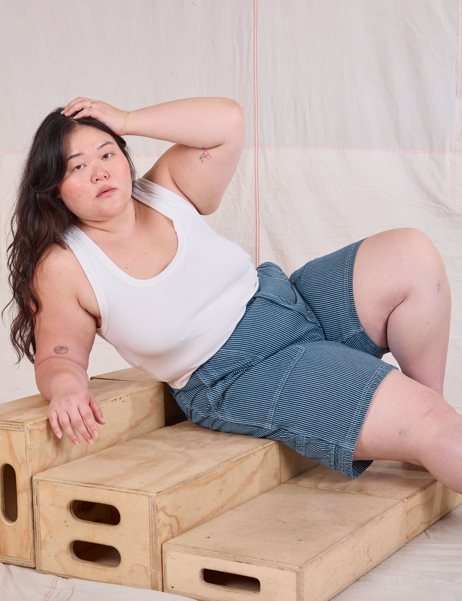 Railroad Carpenter Shorts in Baby Blue and Cropped Tank in Vintage Tee Off-White on Ashley
