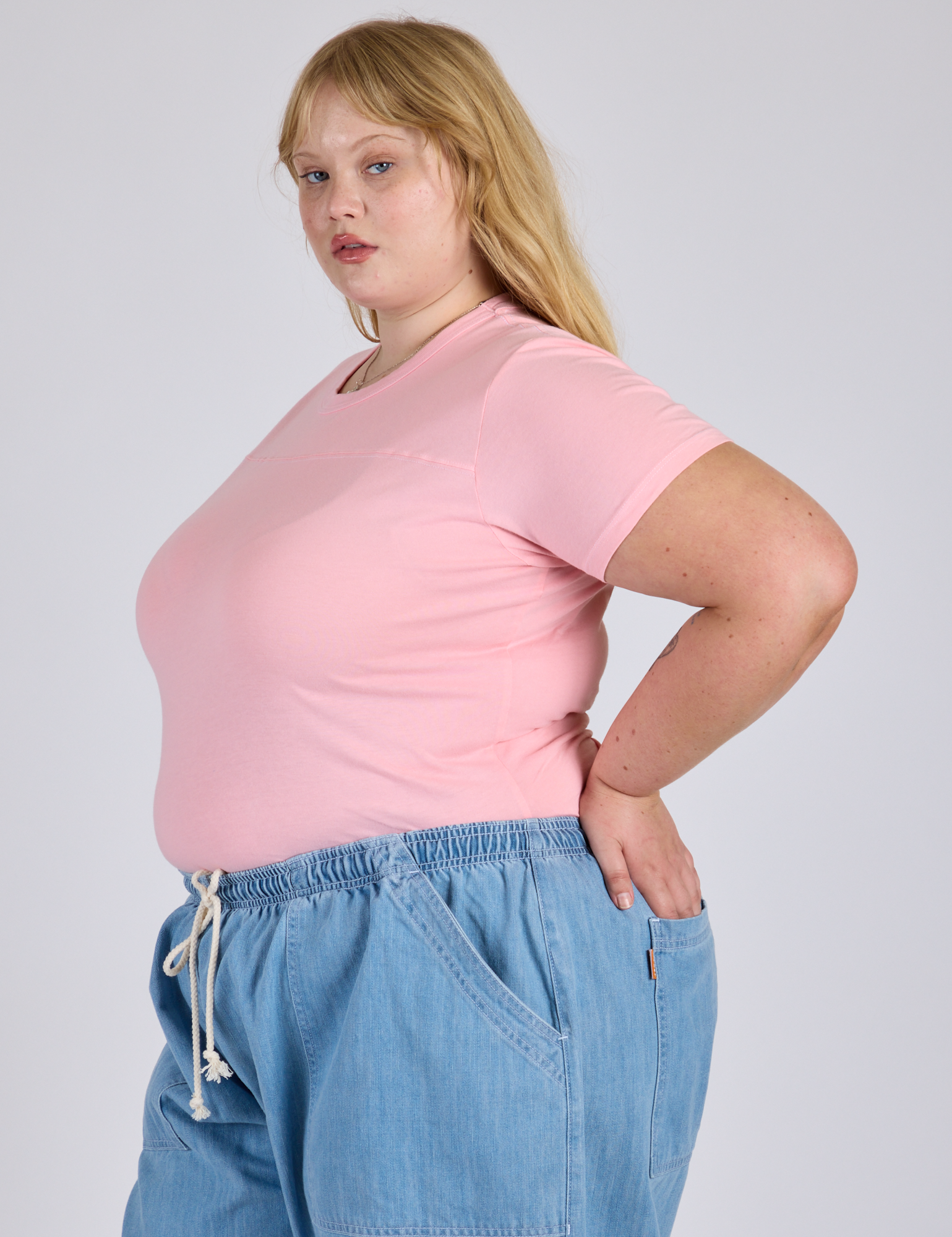 Jr. Varsity Tee in Baby Pink side view on Juliet