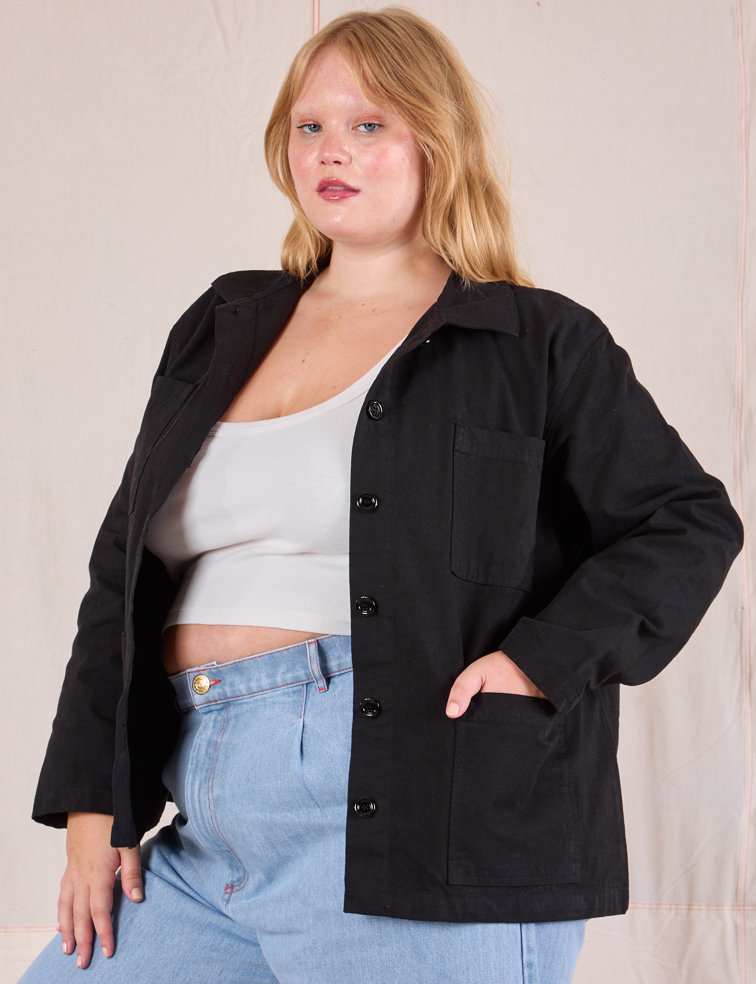 Ripstop Work Jacket in Basic Black angled front view on Juliet