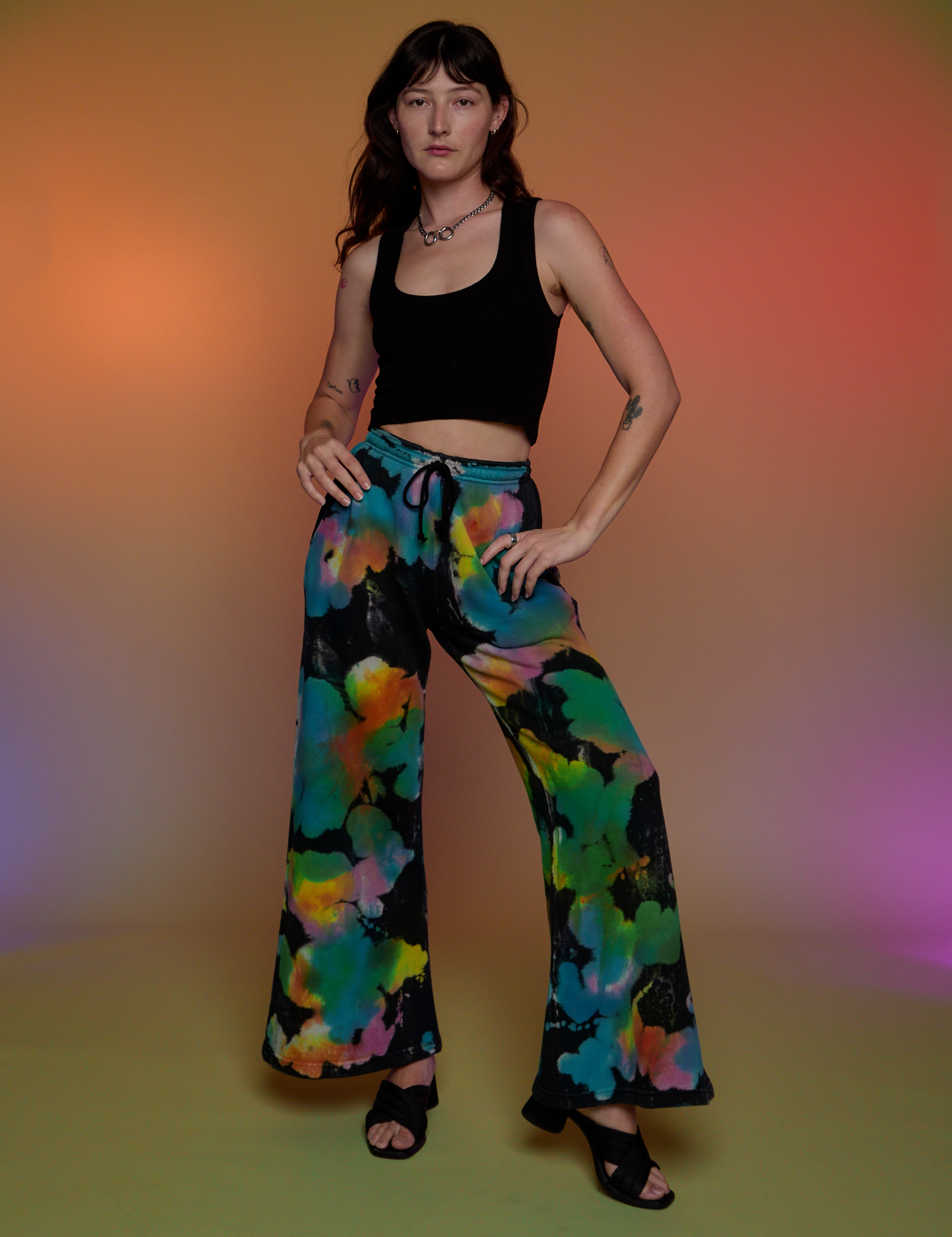 Tie Dyed Wide Leg Sweat Pants and black Cropped Tank on Alex