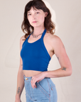 Halter Top in Royal Blue angled front view on Alex