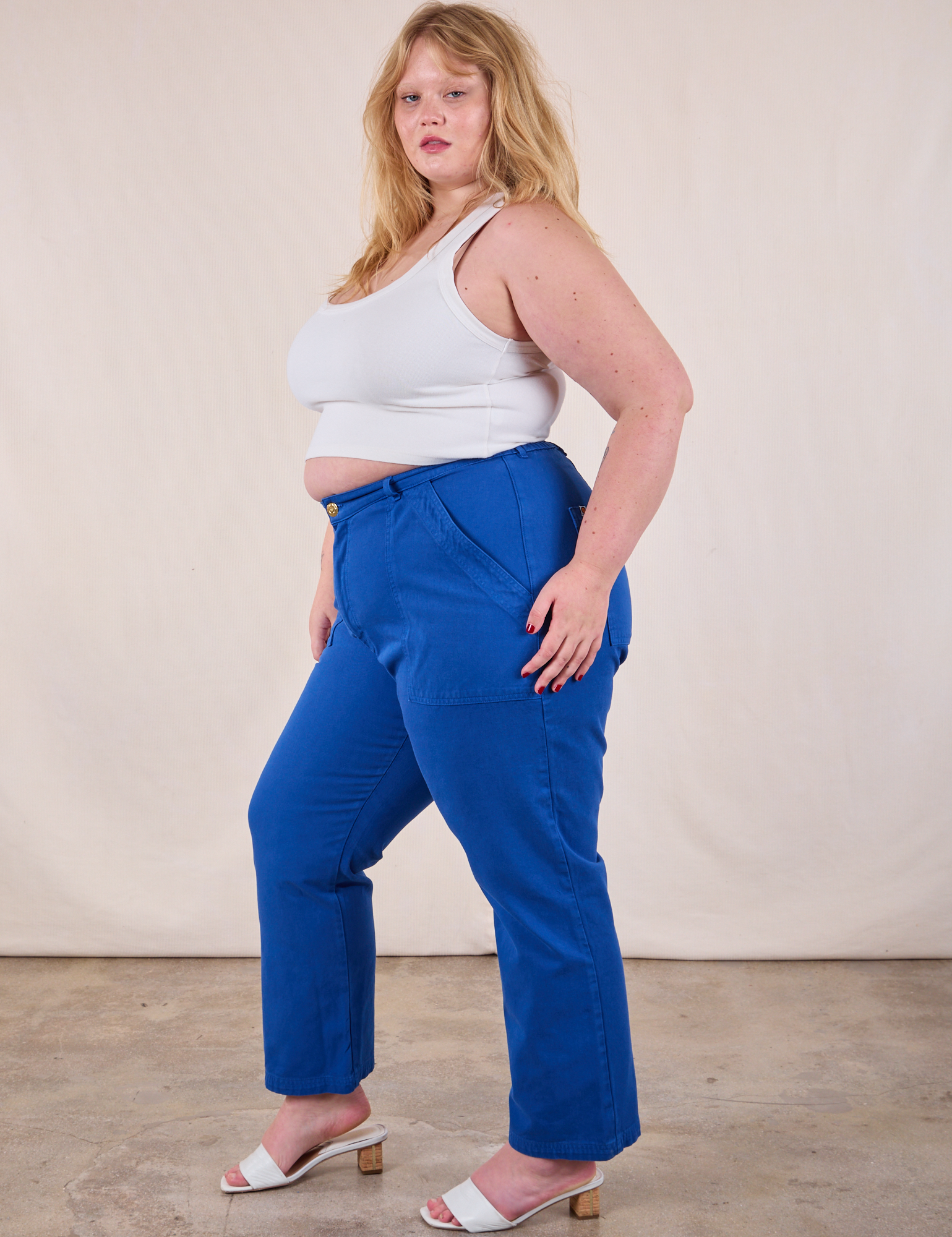 Work Pants in Royal Blue side view on Juliet