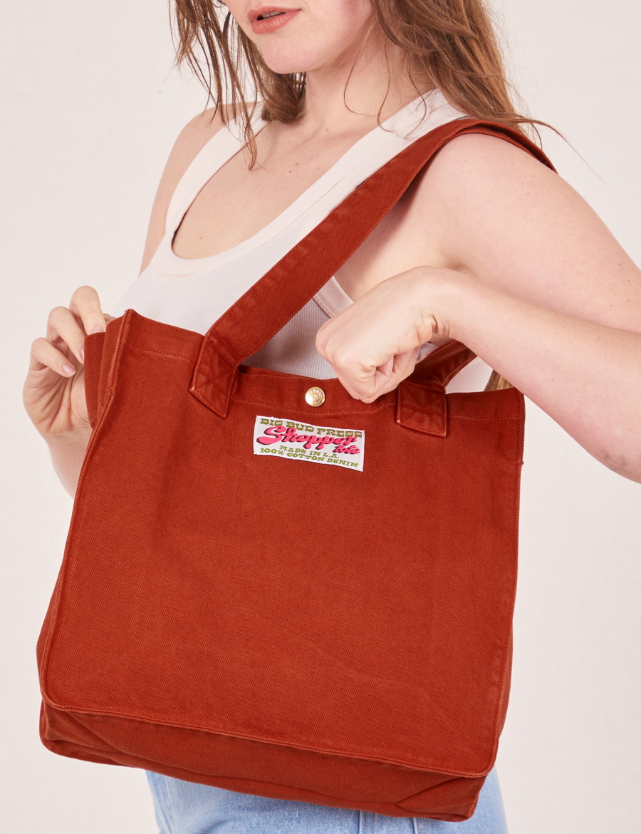 Shopper Tote Bag in Paprika worn as shoulder bag on Allison