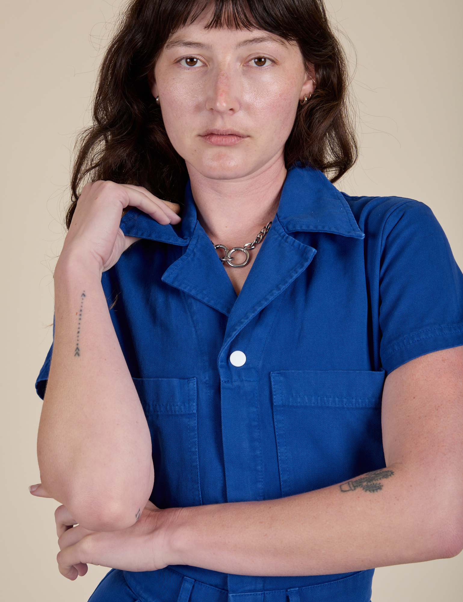 Front close up of Short Sleeve Jumpsuit in Royal Blue on Alex