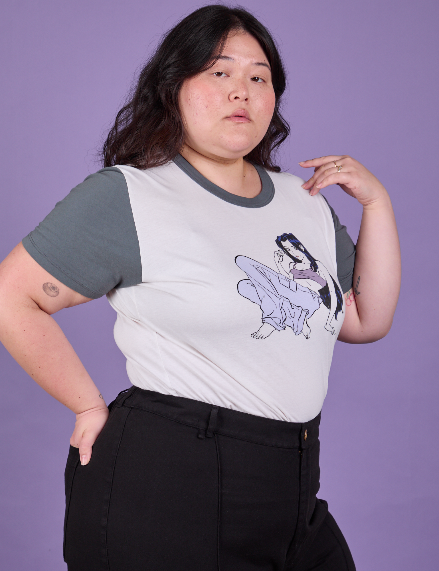 Grey Cool Girl Tee angled front view on Ashley