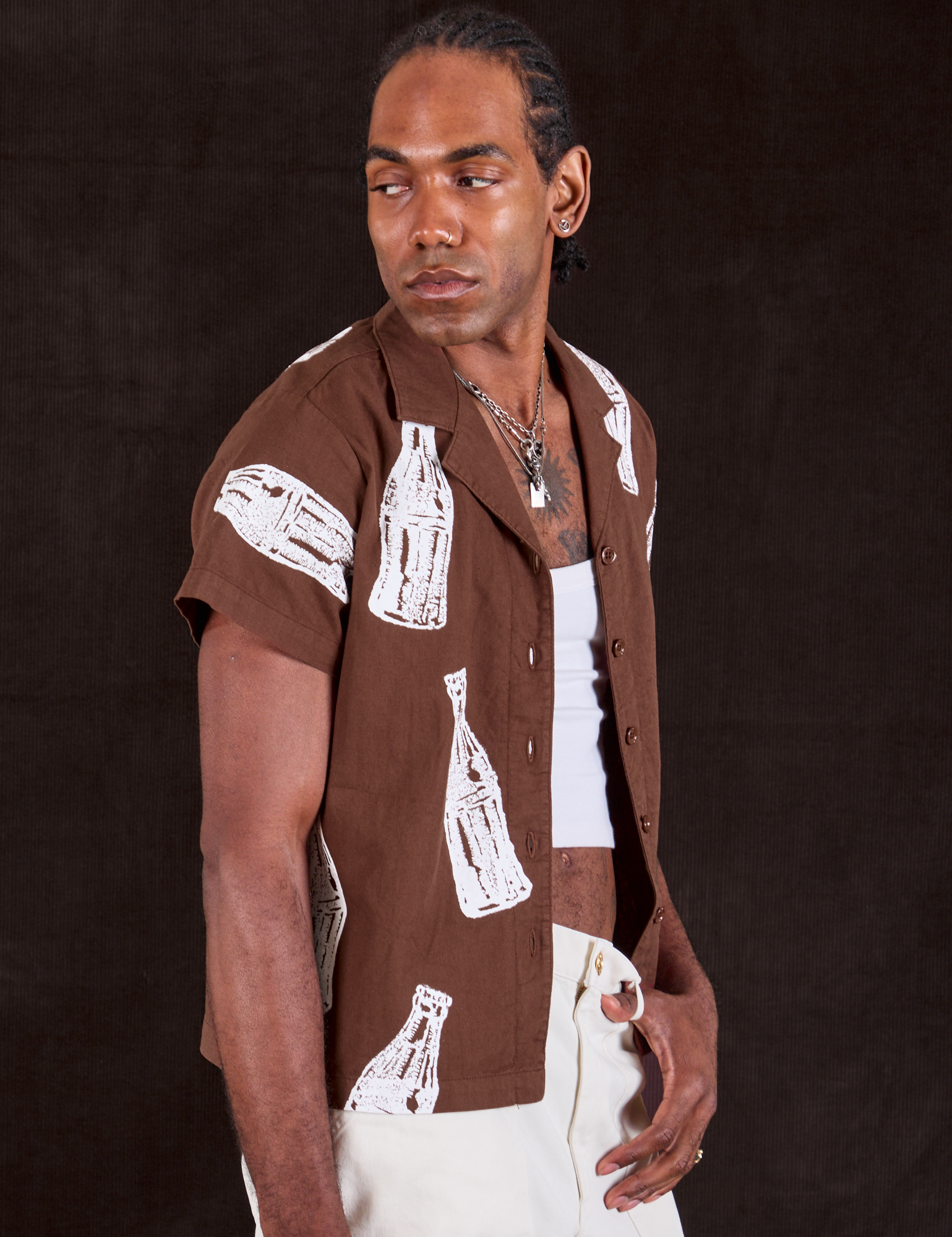 Soda Bottle Pantry Button-Up in Fudgesicle Brown side view on Jerrod