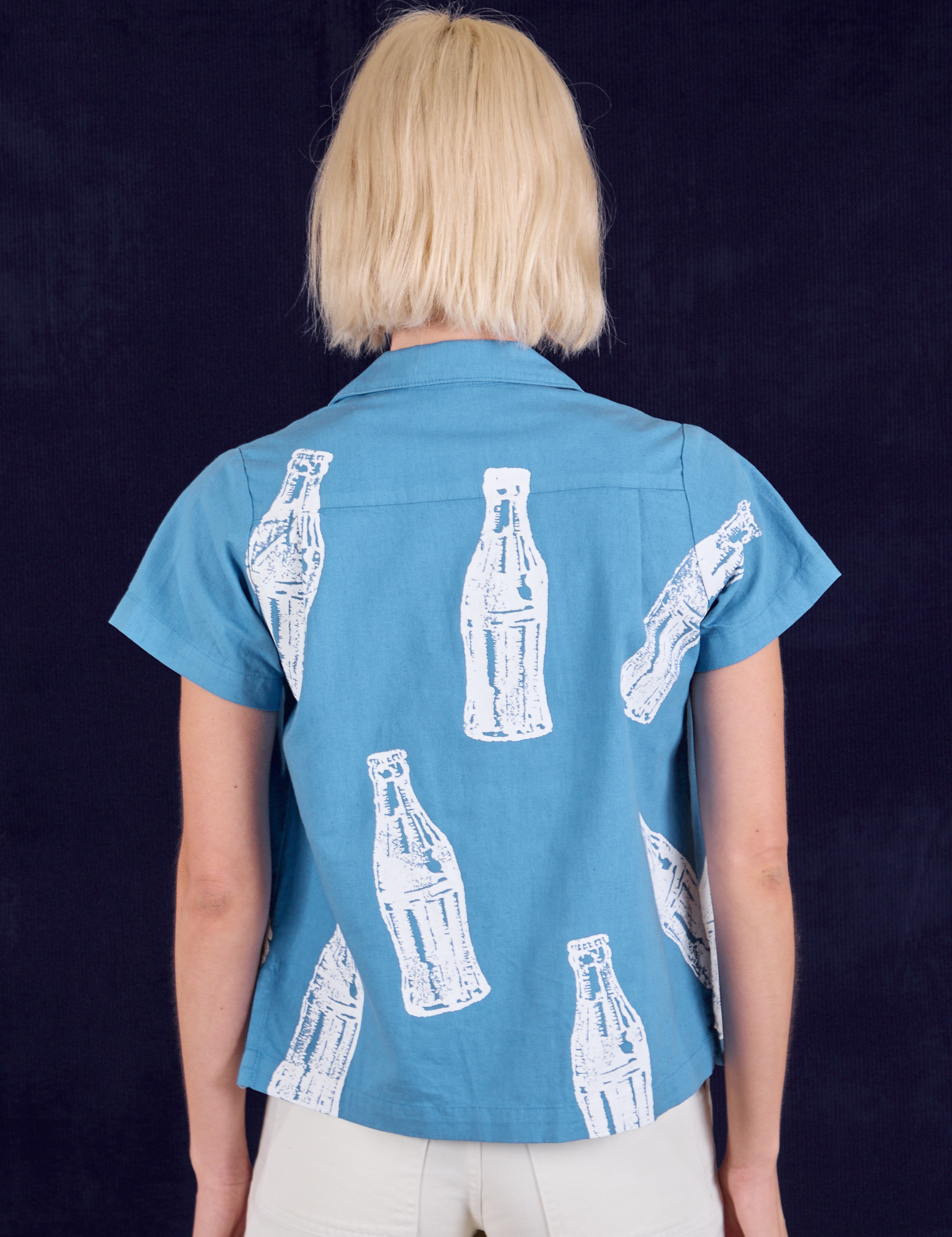 Soda Bottle Pantry Button-Up in Greek Blue back view on Madeline