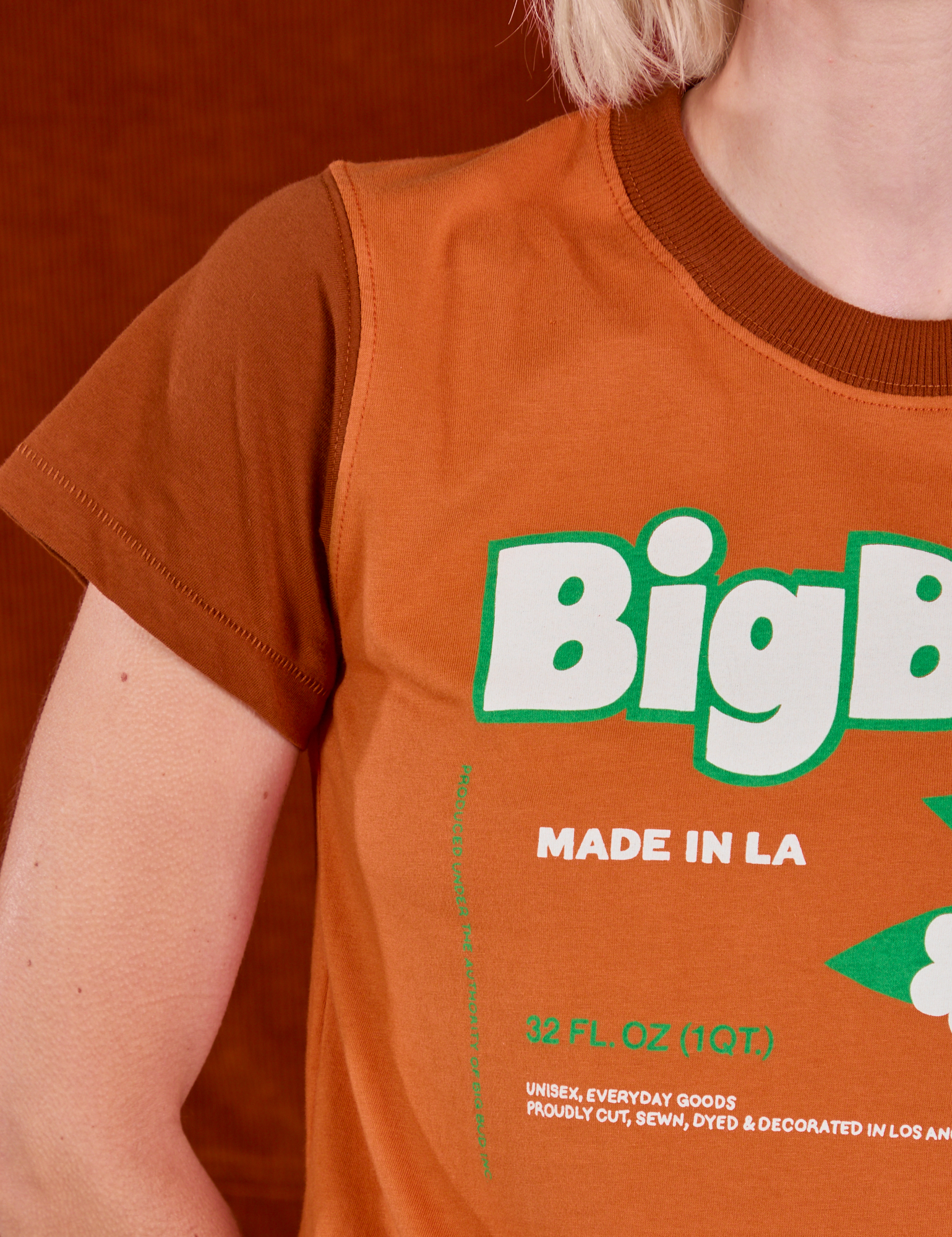 Vintage Tee in Orange Soda shoulder close up on Madeline