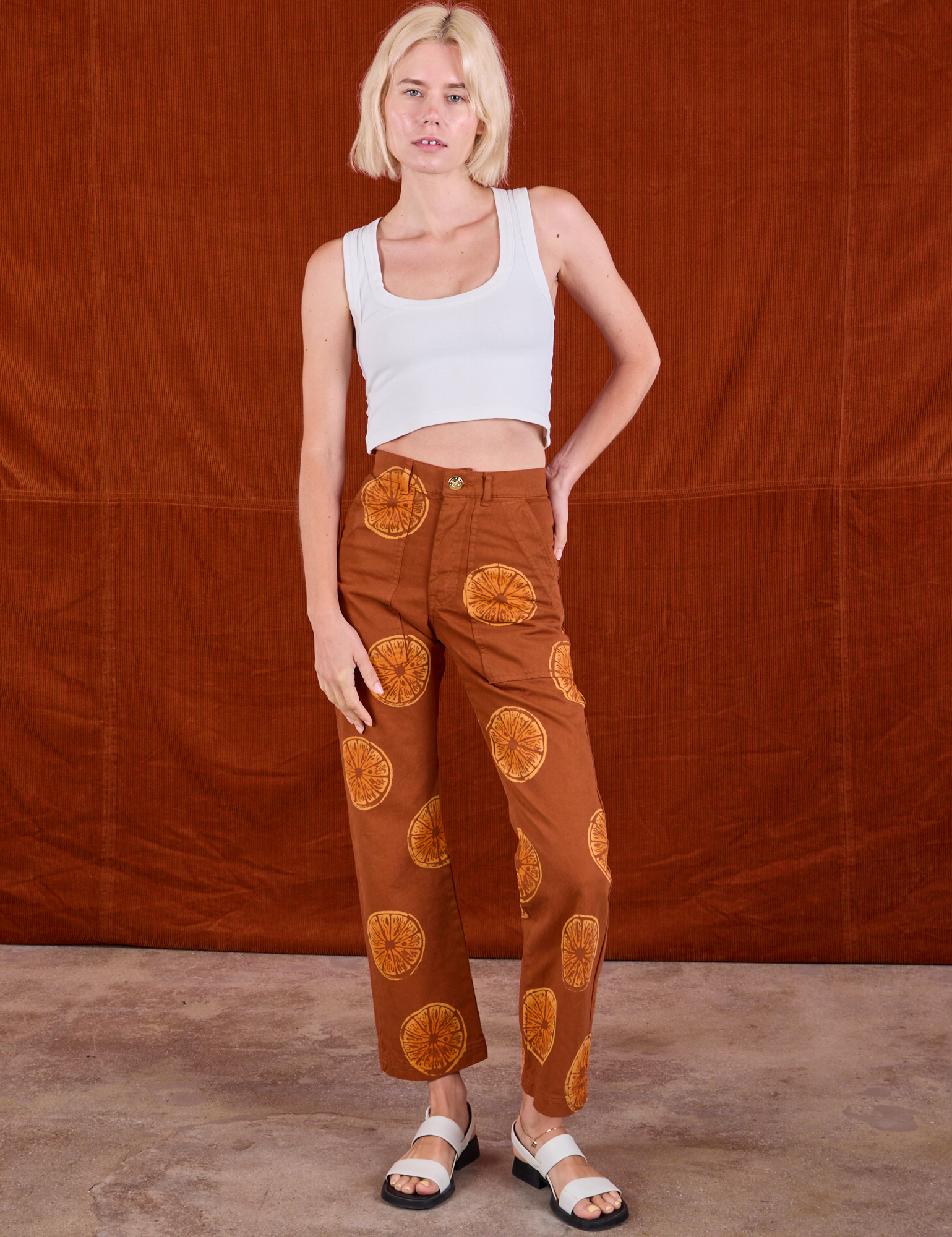 Paintstamped Work Pants in Orange and Cropped Tank in Vintage Tee Off-White on Madeline