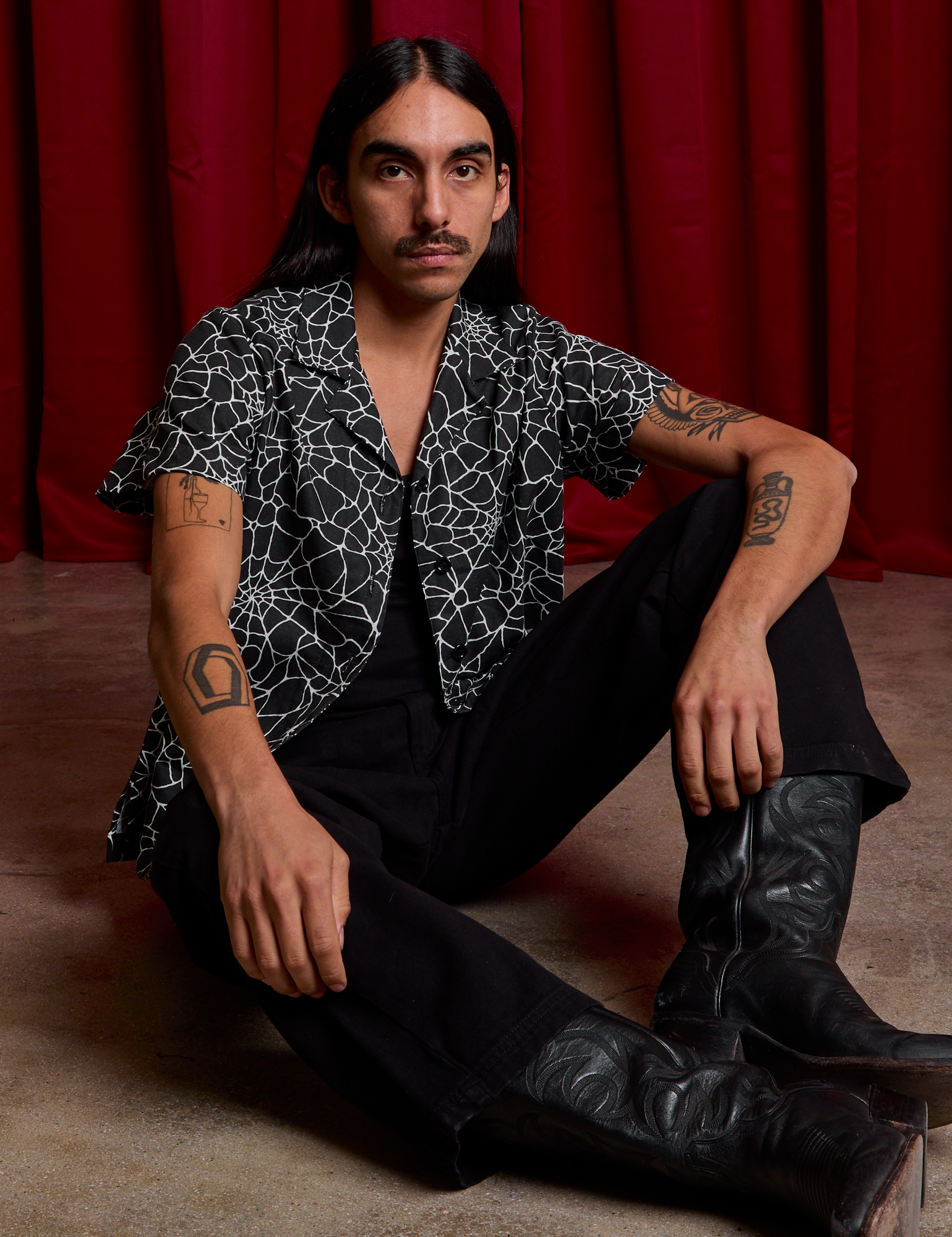 Spider Webs Pantry Button-Up and black Work Pants worn by Anthony