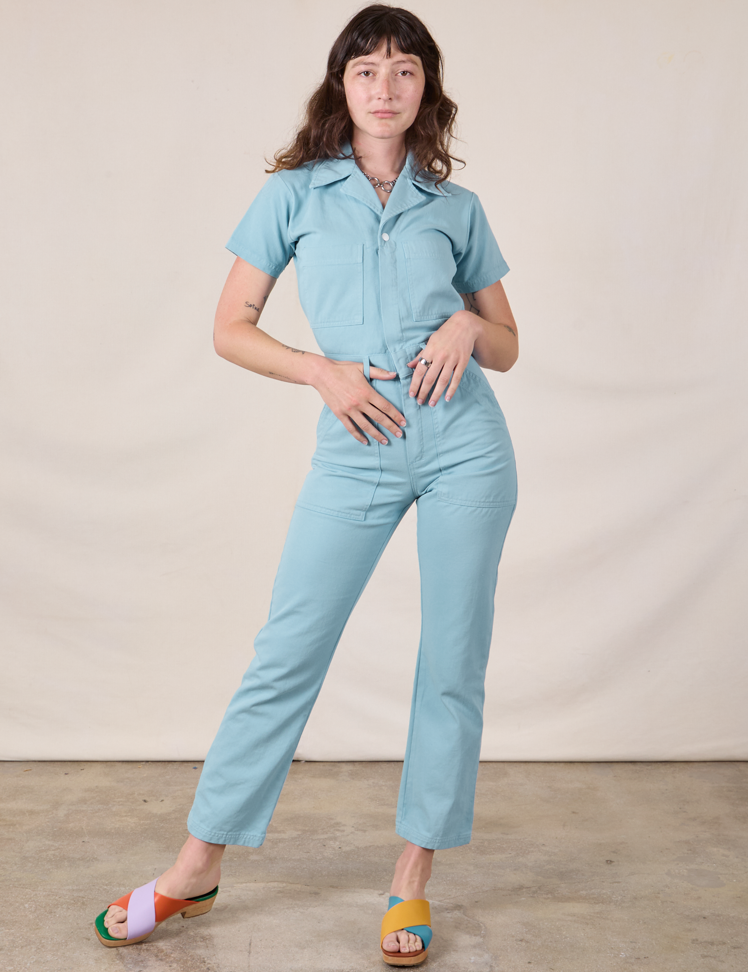 Short Sleeve Jumpsuit in Baby Blue on Alex