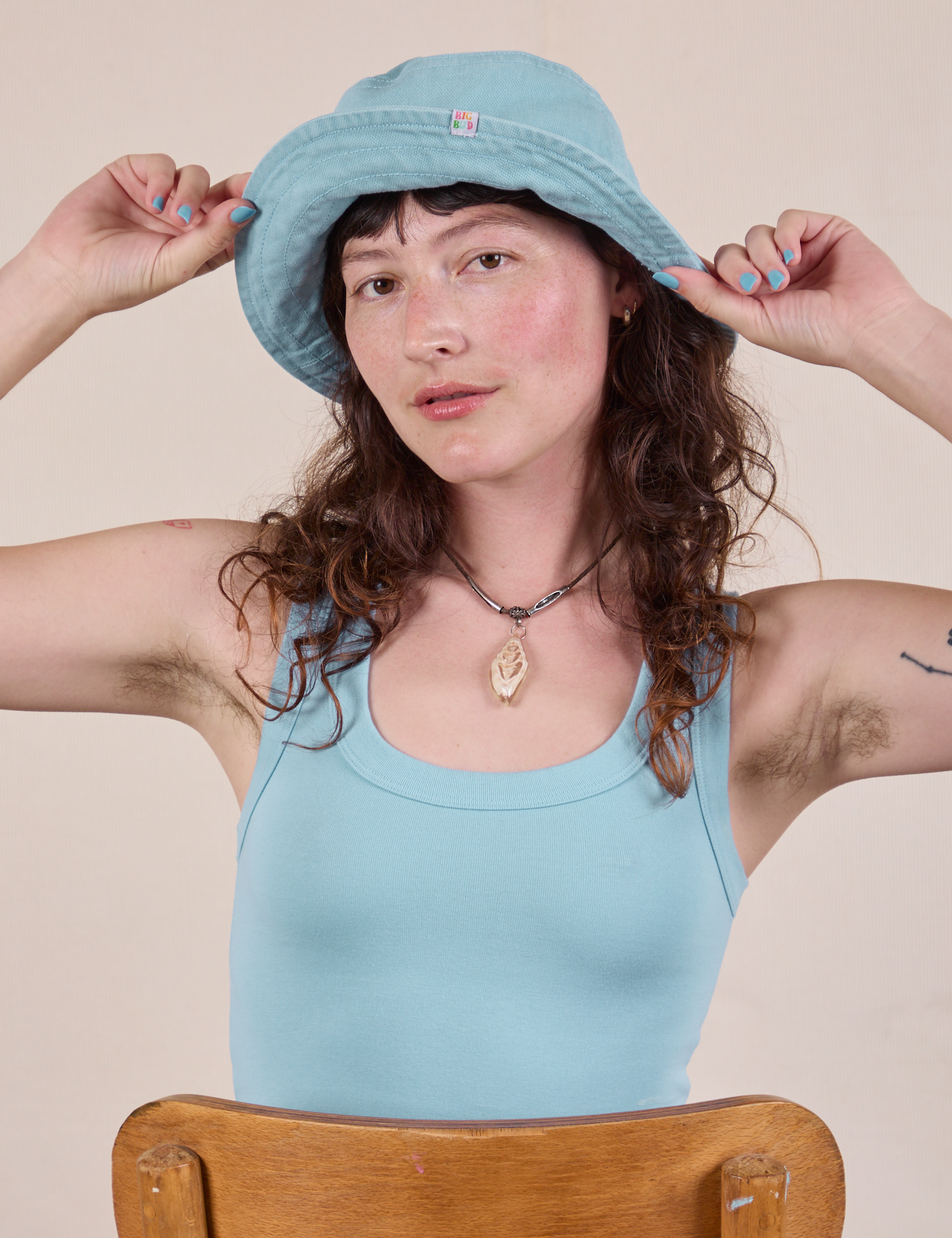 Wide Brim Denim Bucket Hat in Baby Blue worn by Alex