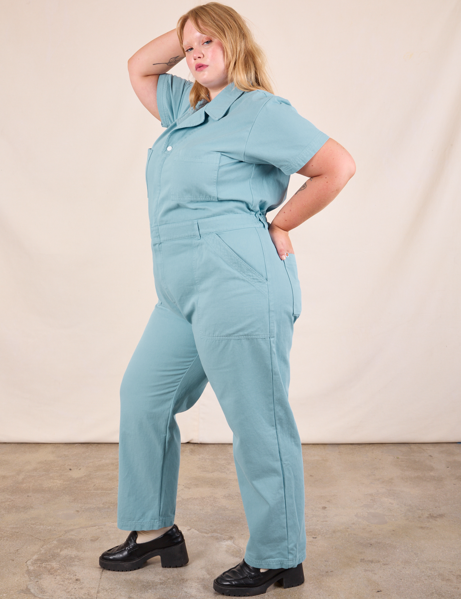 Short Sleeve Jumpsuit in Baby Blue side view on Juliet