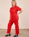 Short Sleeve Jumpsuit in Mustang Red angled front view on Lish