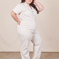 Angled view of Short Sleeve Jumpsuit in Vintage Tee Off-White worn by Ashley