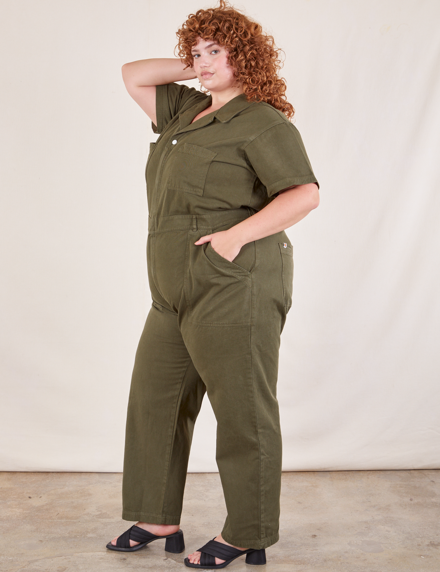 Short Sleeve Jumpsuit in Surplus Green side view on Bree