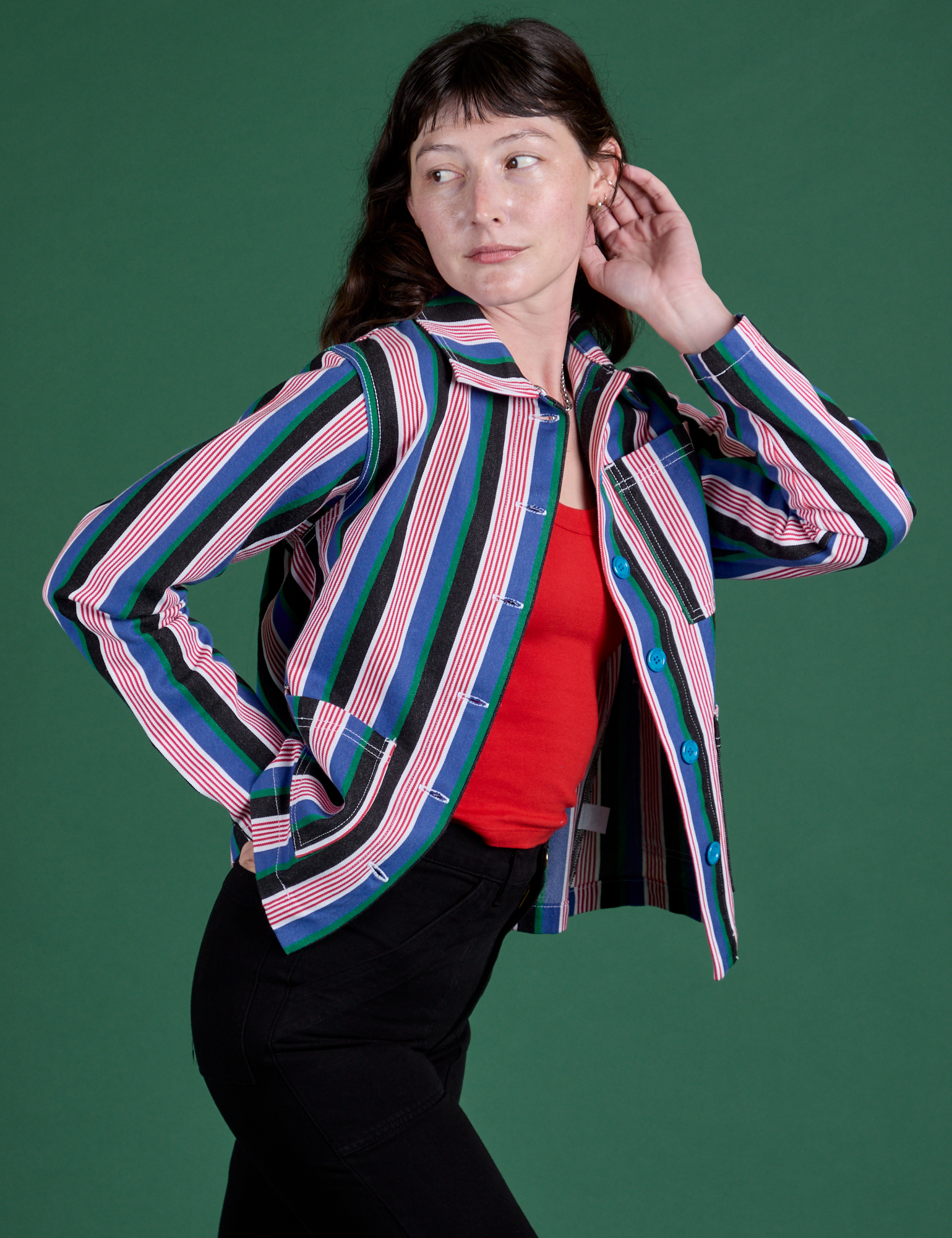 Angled front view of Stripe Work Jacket in Pacific Stripe on Alex
