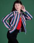 Angled front view of Stripe Work Jacket in Pacific Stripe on Alex