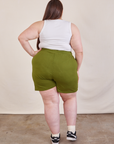 Back view of Lightweight Sweat Shorts in Summer Olive and Cropped Tank in vintage tee off-white on Marielena