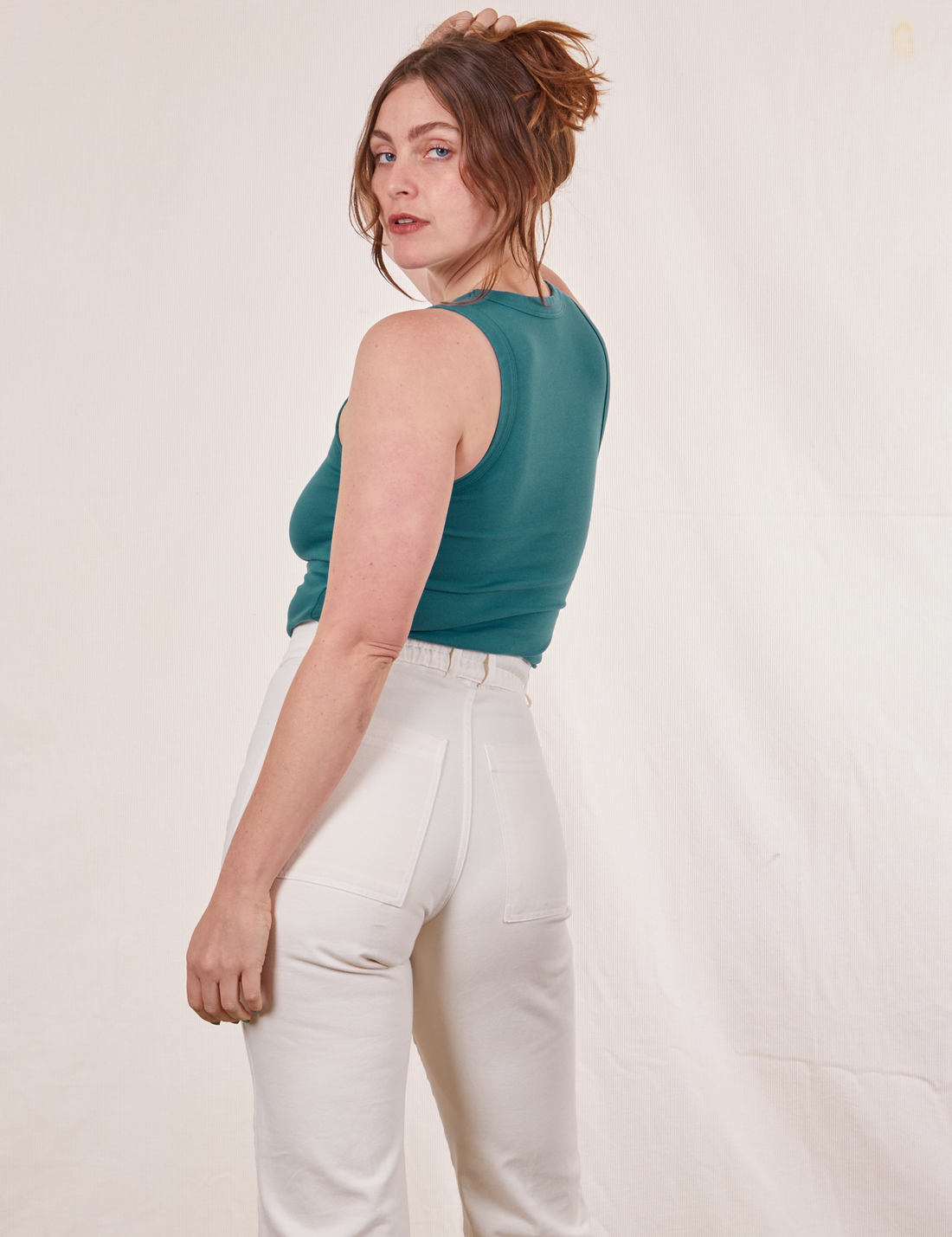 Tank Top in Marine Blue back view on Allison wearing vintage off-white Western Pants