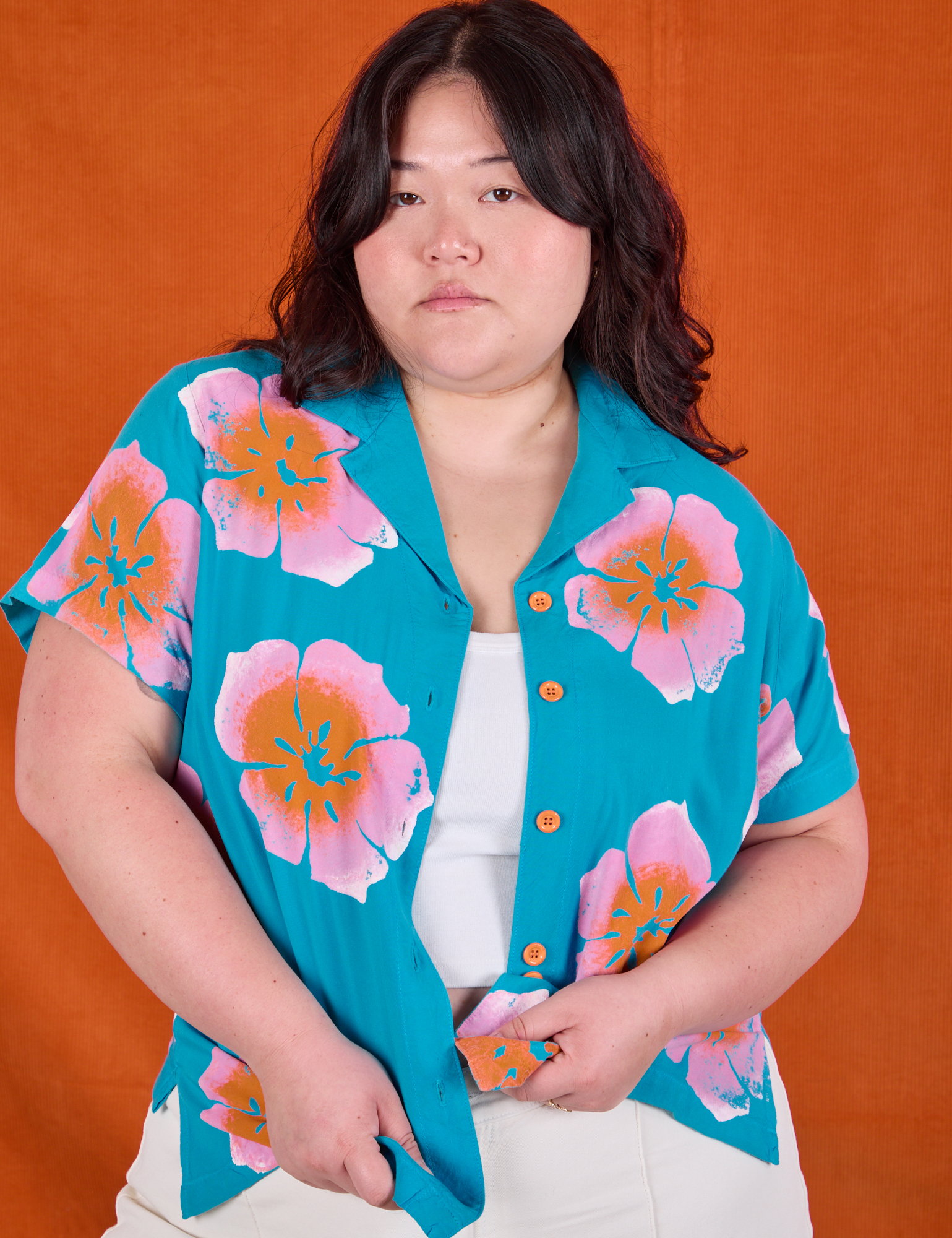 Paintstamped Pantry Button-Up in Hawaiian Blue on Ashley