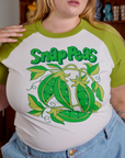 Short Sleeve Raglan Tee in Snap Peas close up on Juliet