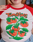 Short Sleeve Raglan Tee in Tomatoes front close up on Juliet