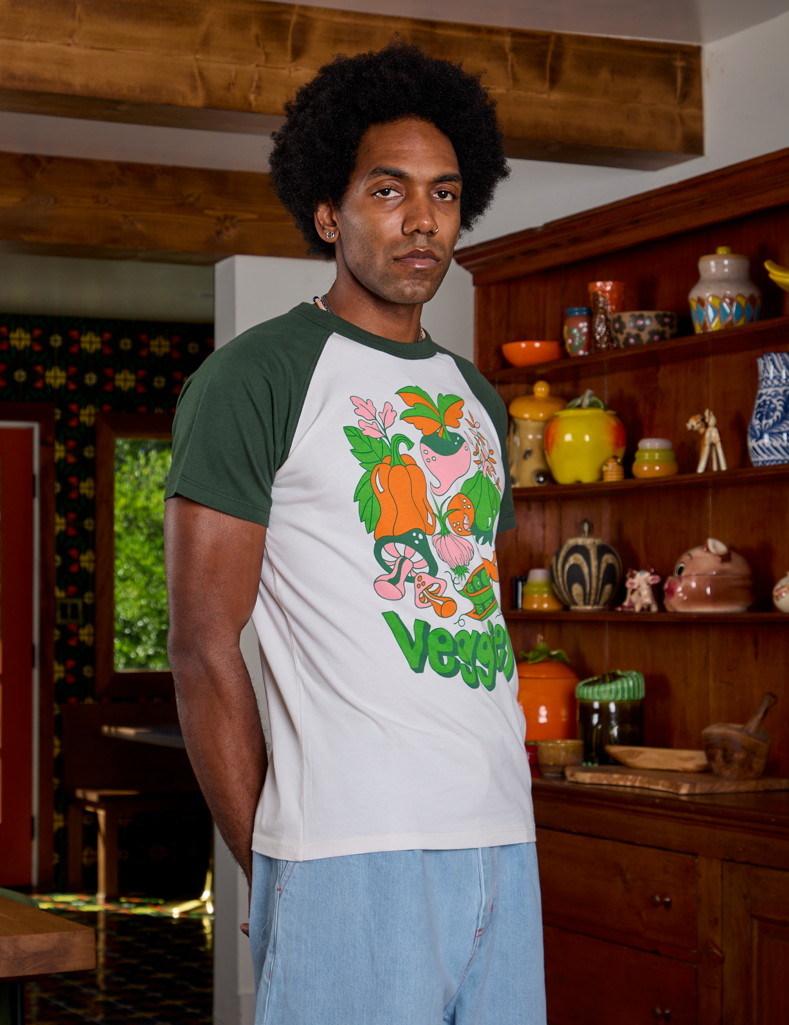 Short Sleeve Raglan Tee in Veggies angled front view on Jerrod