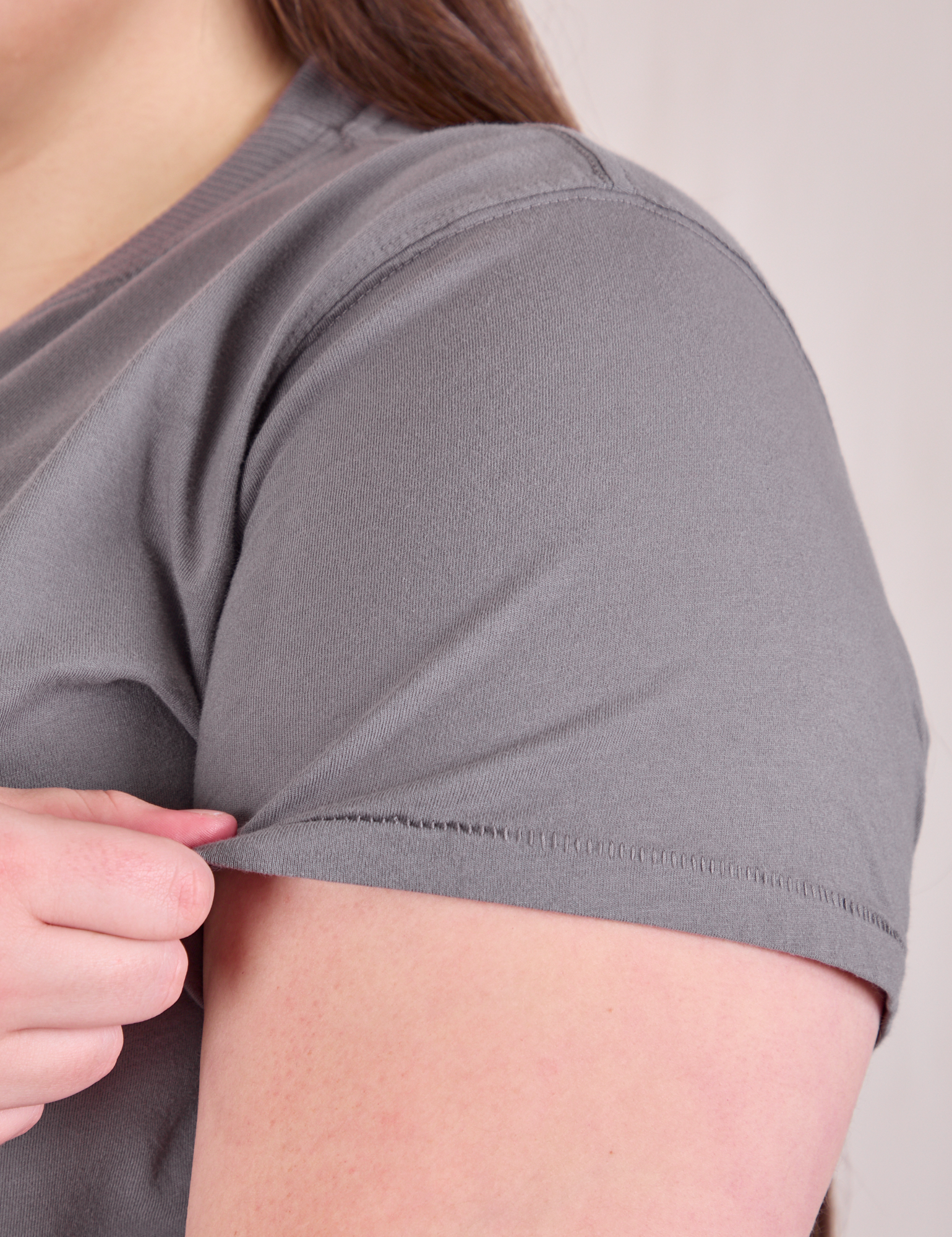 Sleeve close up of  Organic Vintage Tee in Washed Grey on Marielena