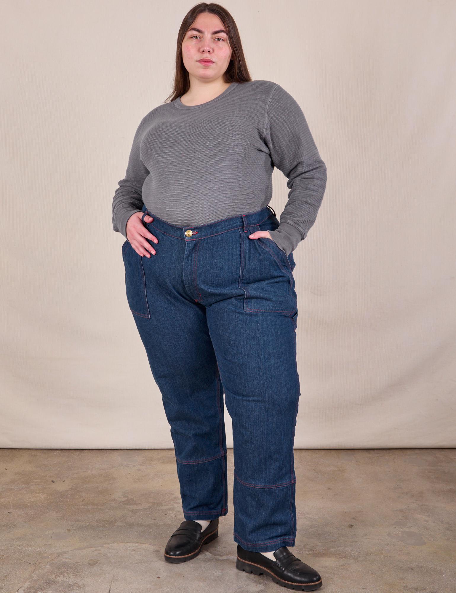 Marielena is wearing Honeycomb Thermal in Washed Grey tucked into dark wash Carpenter Jeans