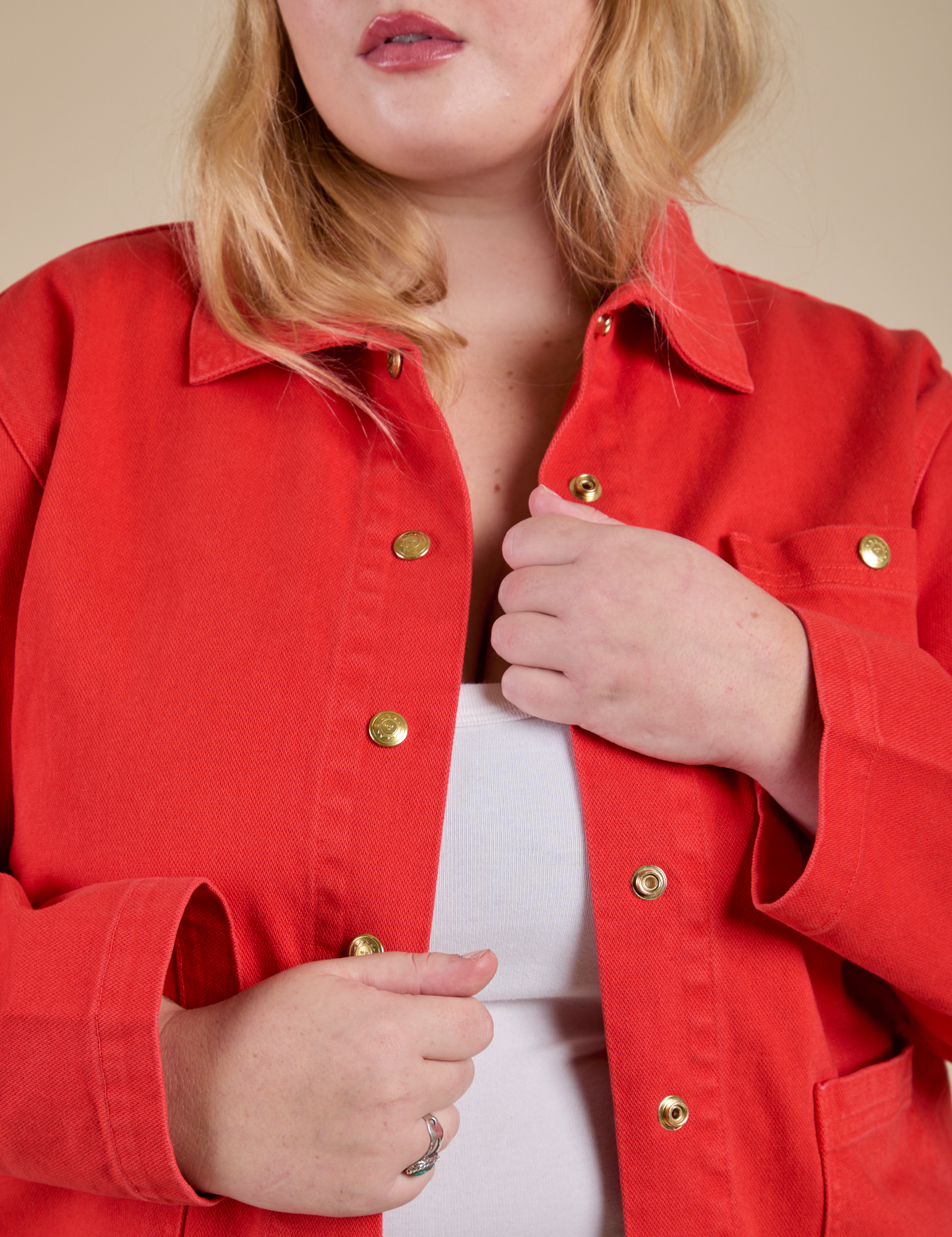 Front close up of Denim Work Jacket in Mustang Red on Juliet