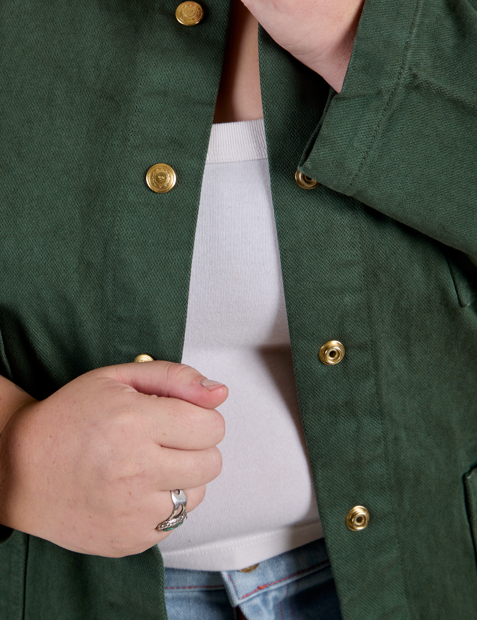 Denim Work Jacket in Swamp Green close up