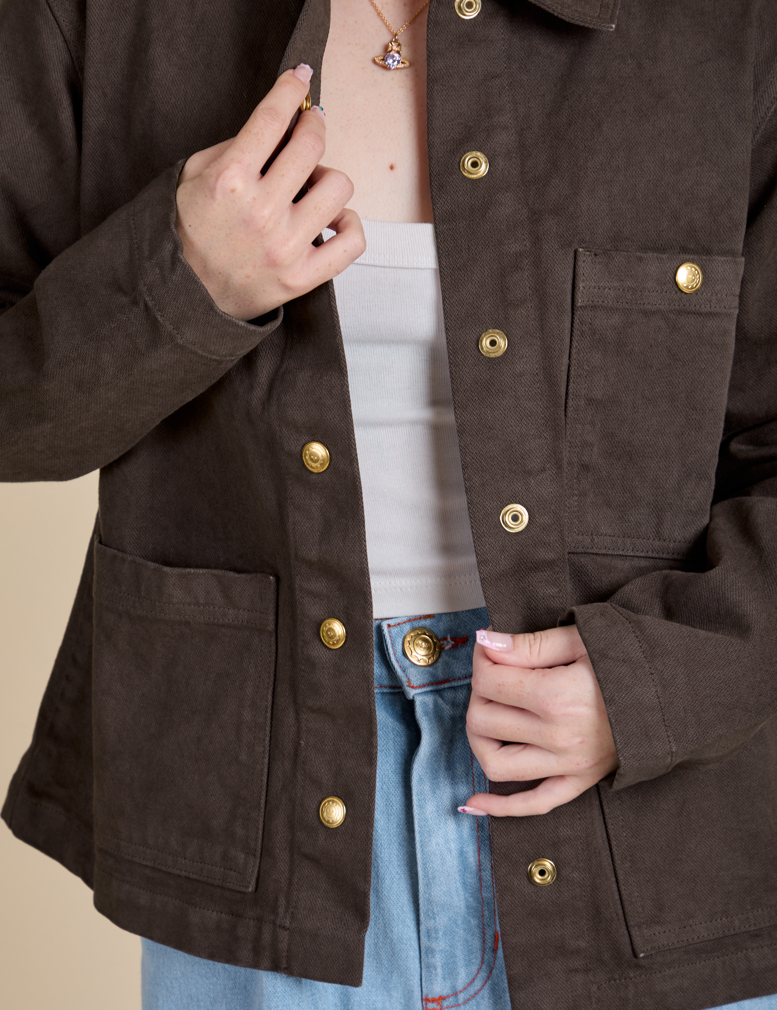 Close up of Denim Work Jacket in Espresso Brown on Hana