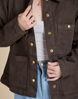 Close up of Denim Work Jacket in Espresso Brown on Hana