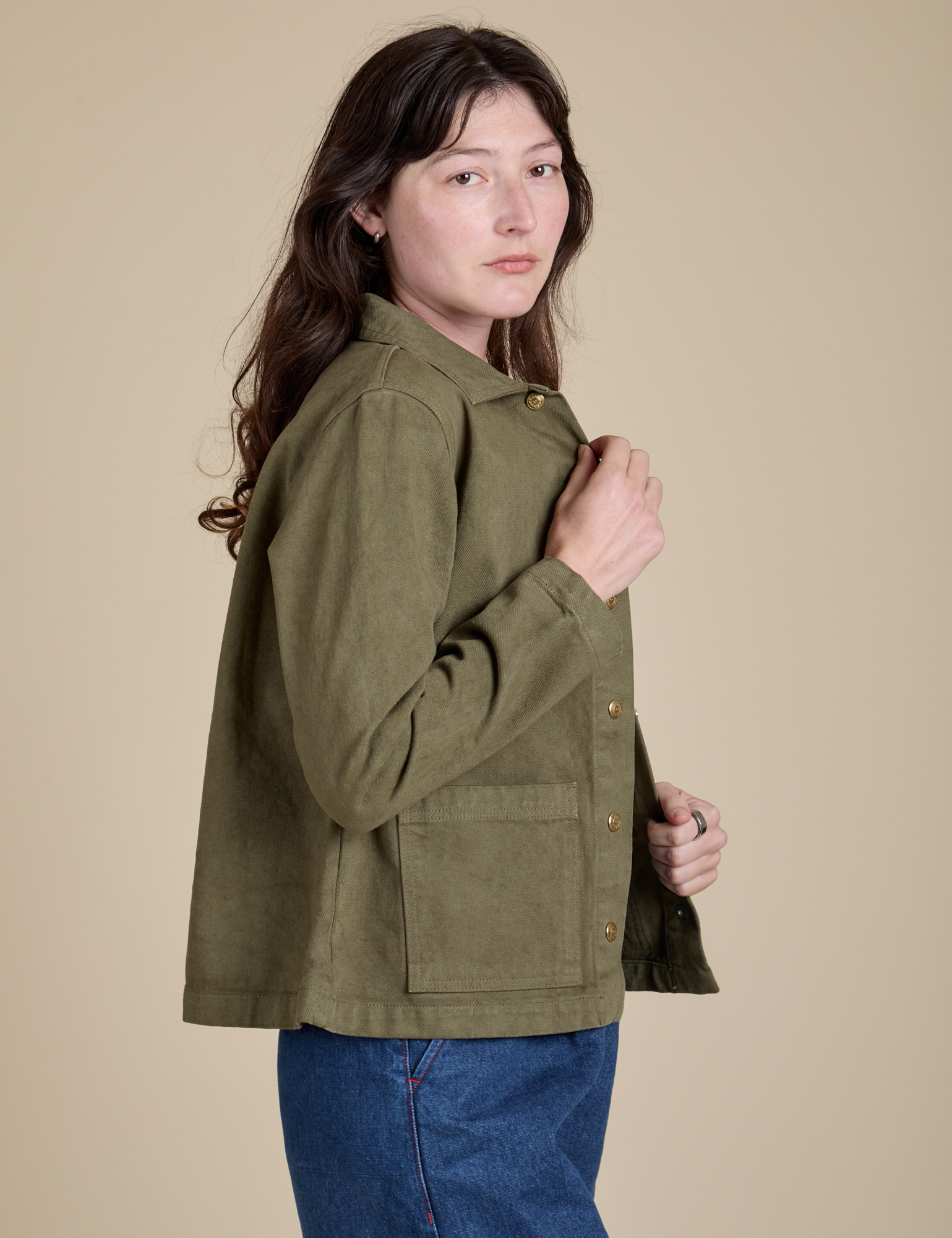 Denim Work Jacket in Surplus Green side view on Alex
