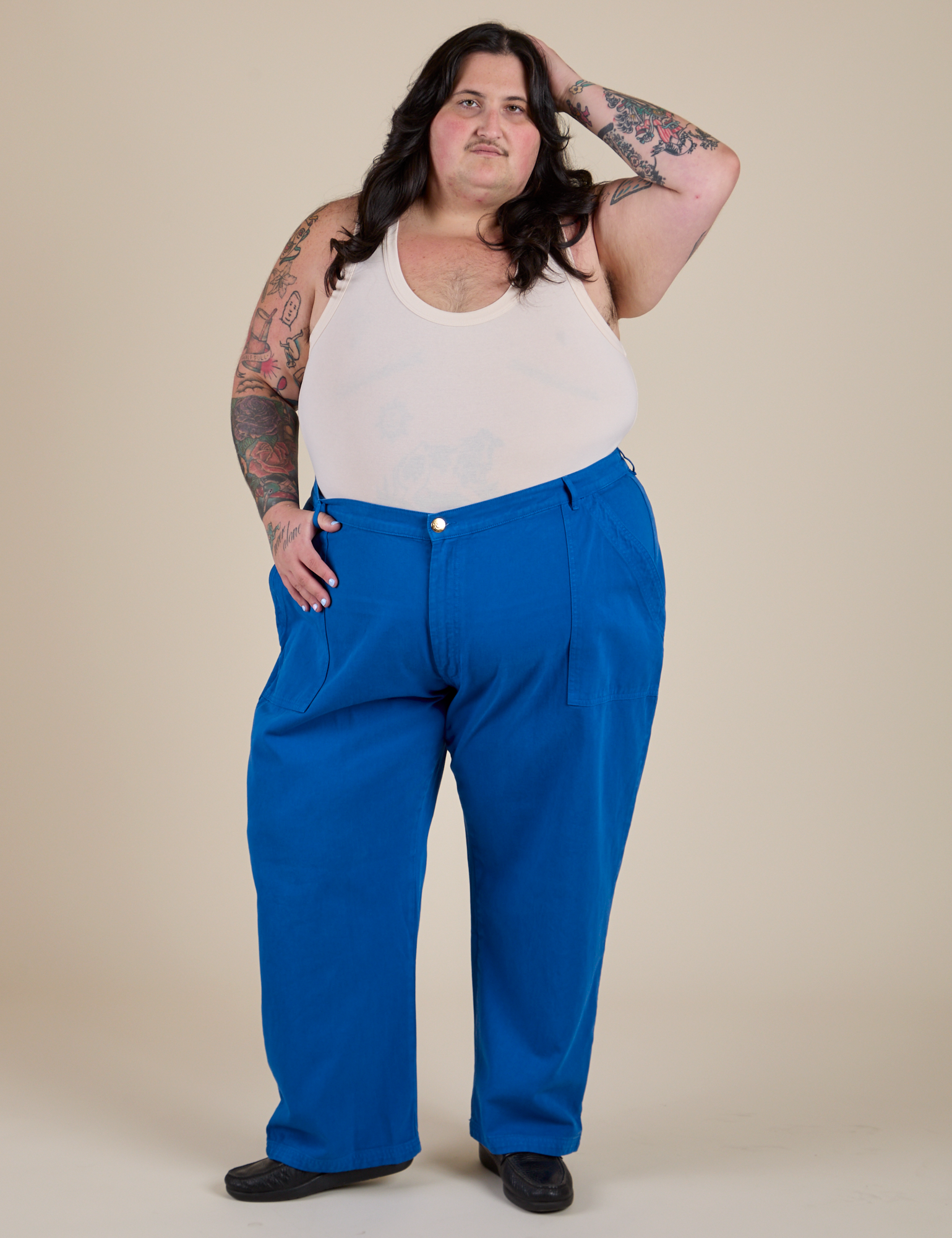 Work Pants in Royal Blue and Tank Top in Vintage Tee Off-White on Sam