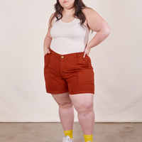 Ashley is wearing Classic Work Shorts in Paprika and vintage off-white Tank Top