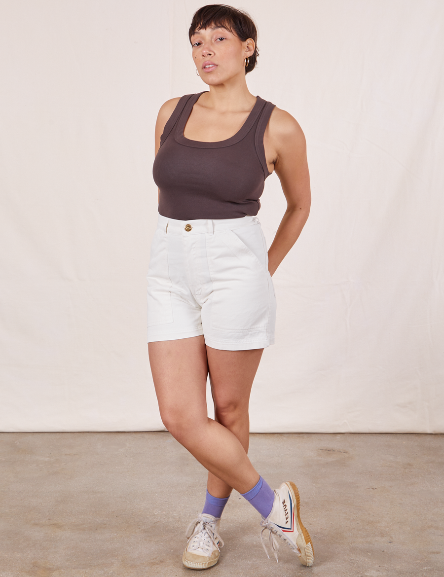 Taira is wearing Classic Work Shorts in Vintage Off-White and espresso brown Tank Top