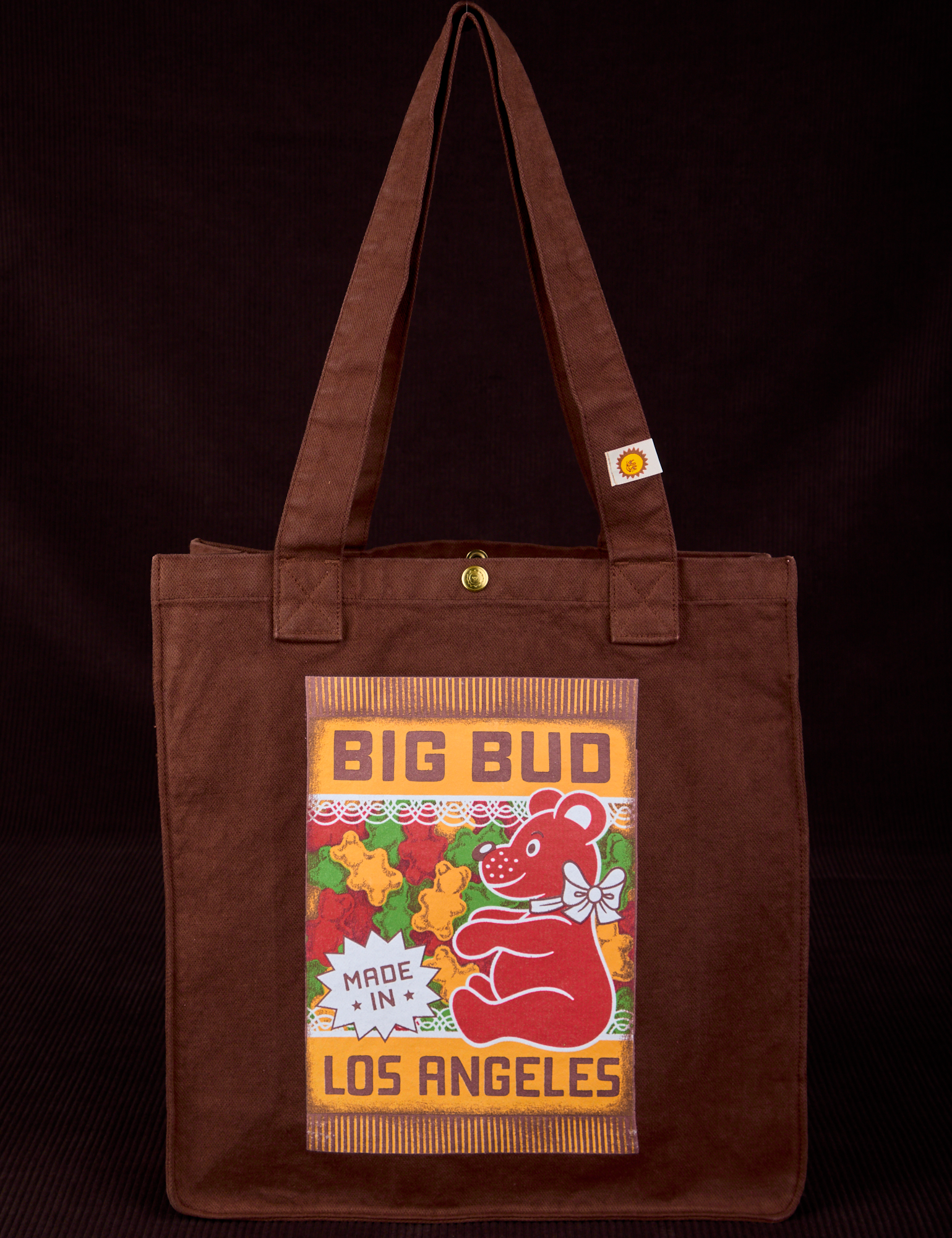 Bodega Shopper Tote in Gummy Bears. Fudgesicle brown tote body with screenprint bag of gummy bears.